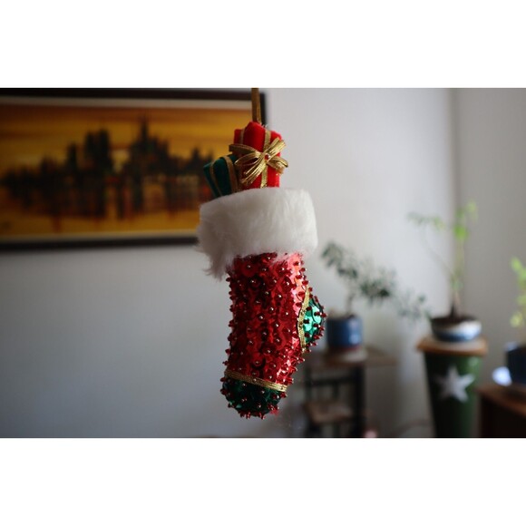 Vtg Lot of 2 Handmade Sequin Beaded Boot Stocking Christmas Ornaments Sulyn - Picture 2 of 12